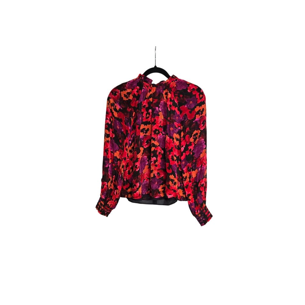 Saylor Beck Chic Floral Blouse Ruffle High Neck Lined Work Casual Blouson | S